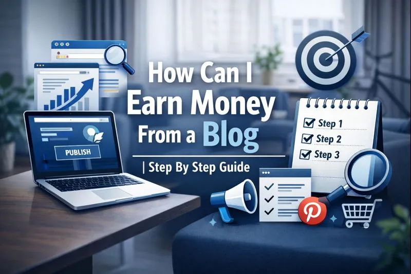 Featured image for a blog post titled "How Can I Earn Money From a Blog | Step By Step Guide" showing a realistic laptop, notepad with steps, magnifying glass, Pinterest icon, and charts on a modern workspace with blue and white color scheme.