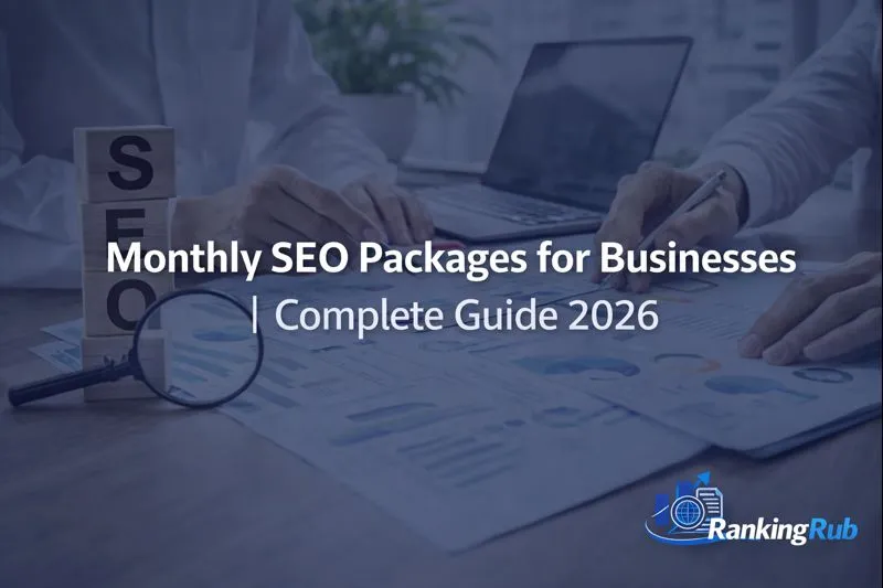 Monthly SEO packages for businesses showing SEO analysis charts, keyword research reports, and professional team planning SEO strategy in 2026