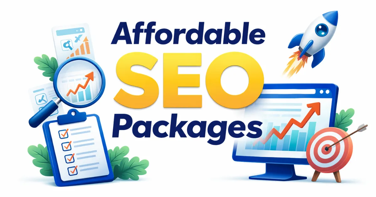 Colorful graphic of affordable small business SEO packages with charts, magnifier, and rocket for growth and analysis
