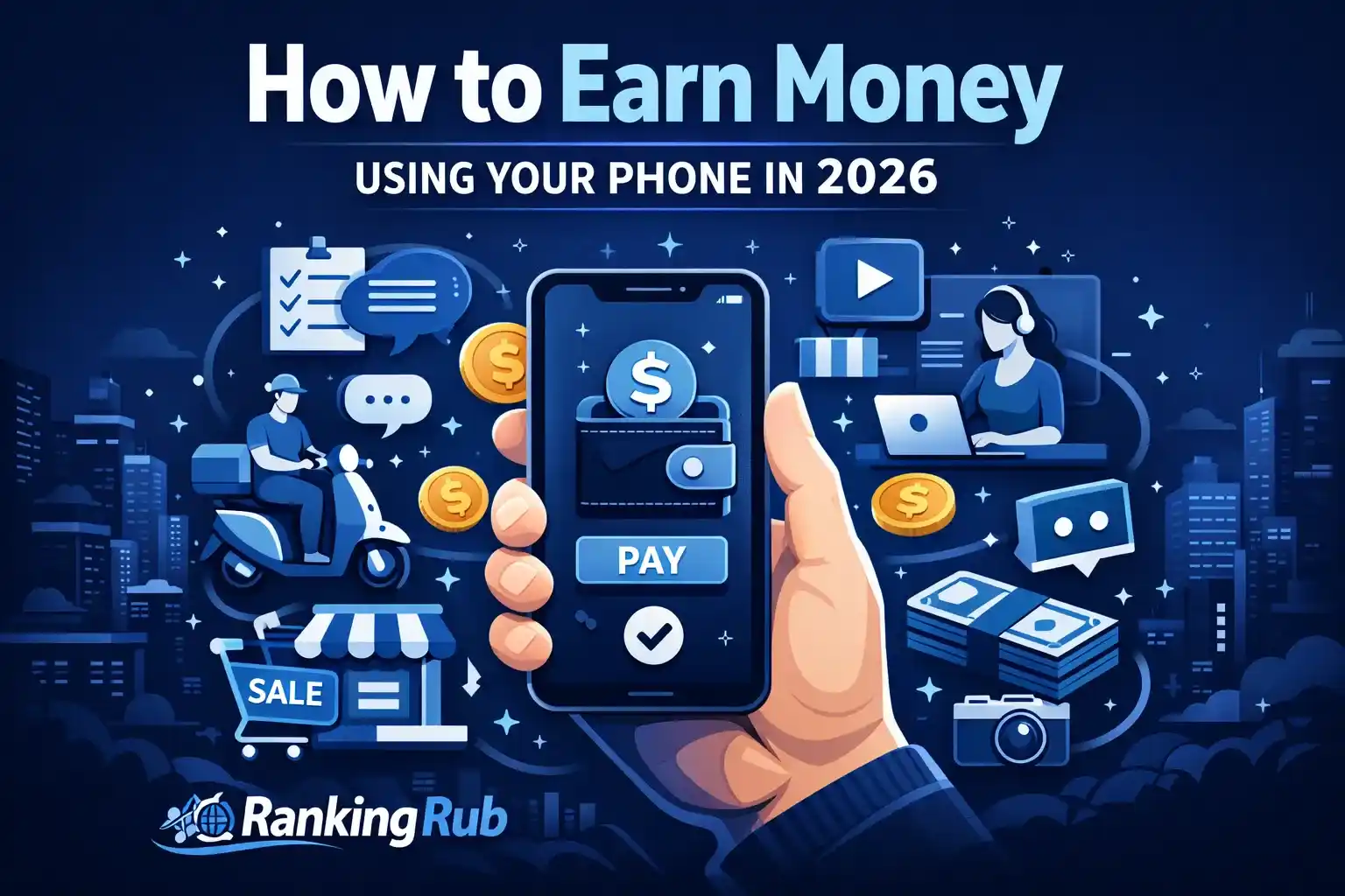 A hand holds a smartphone displaying a payment interface, surrounded by icons representing various money-earning methods using phones.