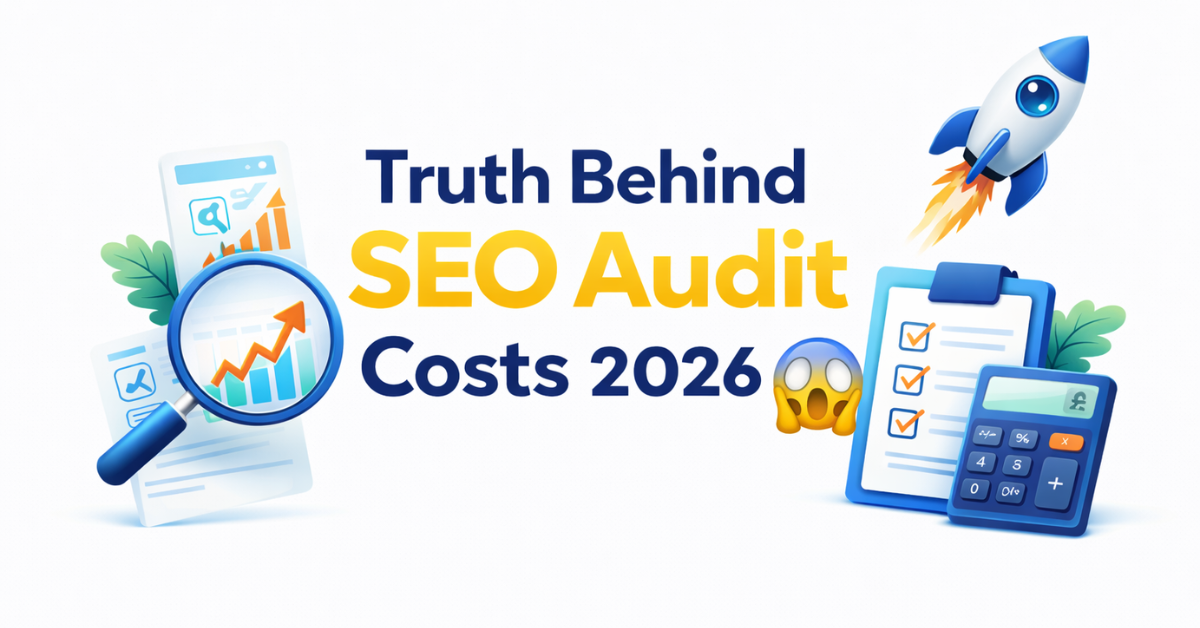 Illustration featuring a magnifying glass over rising graphs, a clipboard with checkmarks, a calculator, and a rocket, accompanied by the text Truth Behind SEO Audit Costs 2026.