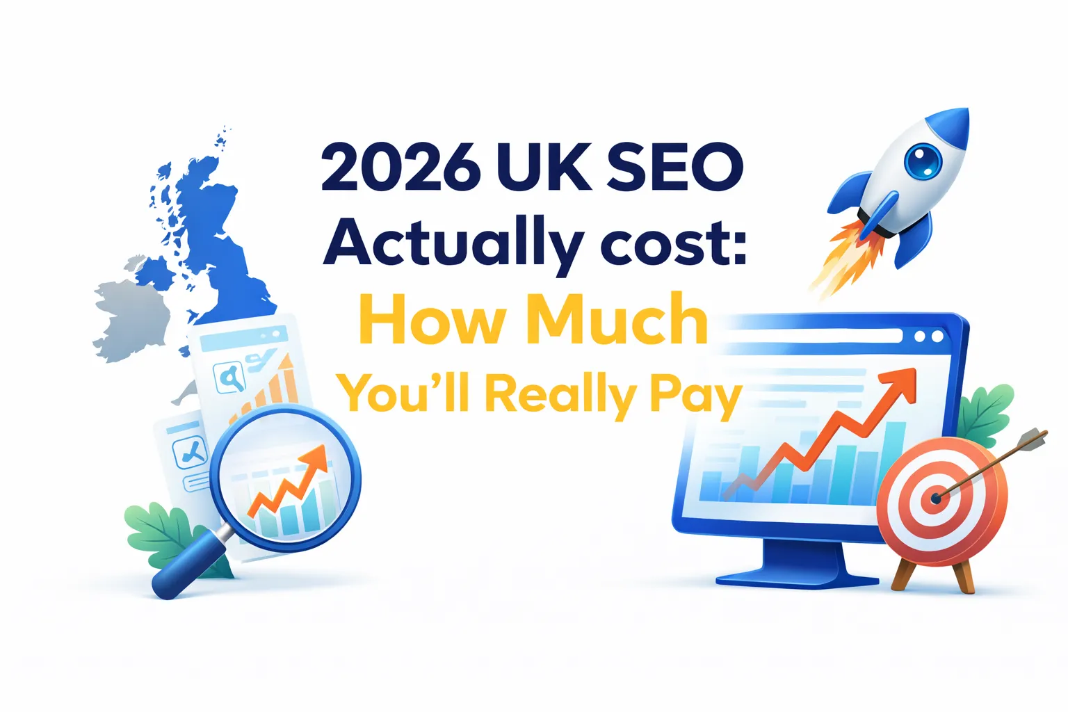 2026 UK SEO cost infographic featuring a map of the UK, a computer screen displaying graphs, and a rocket with the text Actually cost: How Much You'll Really Pay.