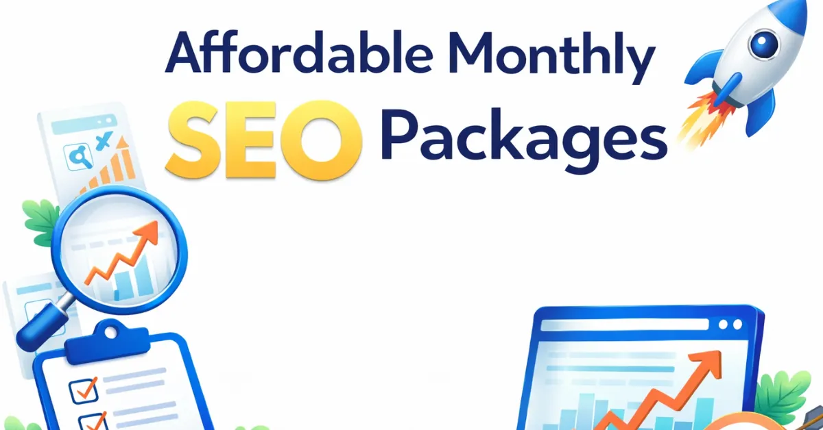 Affordable Monthly SEO Packages banner with magnifying glass, growth charts, checklist, and rocket illustration on a clean white background symbolizing business growth and digital marketing success.