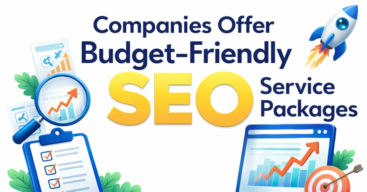 Companies offer budget-friendly SEO service packages illustration featuring a clipboard checklist, analytics charts, magnifying glass, computer monitor with growth graph, target icon, and rocket symbol on a clean white background.
