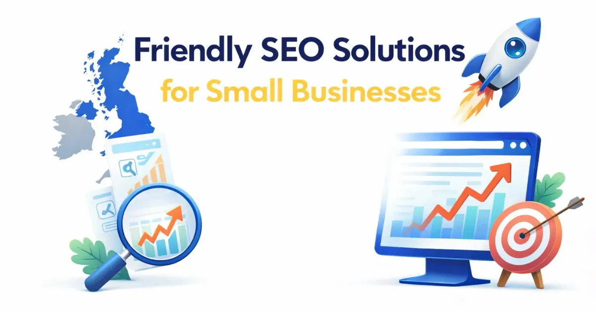 Friendly SEO solutions for small businesses with illustrations of analytics charts, magnifying glass, rocket launch, and target growth concept.