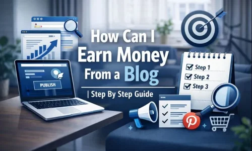 Featured image for a blog post titled "How Can I Earn Money From a Blog | Step By Step Guide" showing a realistic laptop, notepad with steps, magnifying glass, Pinterest icon, and charts on a modern workspace with blue and white color scheme.