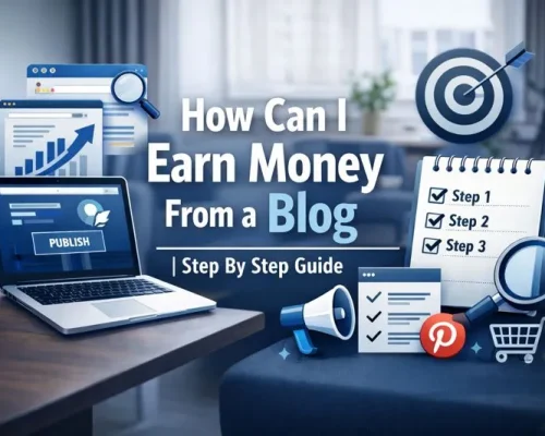 Featured image for a blog post titled "How Can I Earn Money From a Blog | Step By Step Guide" showing a realistic laptop, notepad with steps, magnifying glass, Pinterest icon, and charts on a modern workspace with blue and white color scheme.