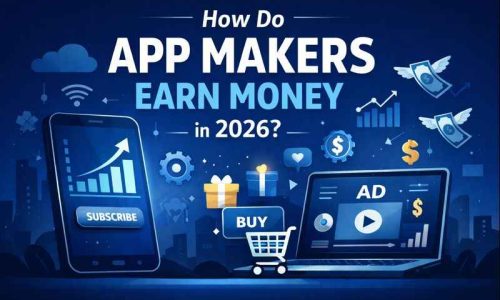 Illustration showing a smartphone and laptop representing app monetization through ads, subscriptions, and digital growth on a dark blue background.