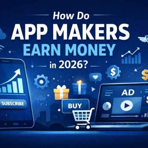 Illustration showing a smartphone and laptop representing app monetization through ads, subscriptions, and digital growth on a dark blue background.