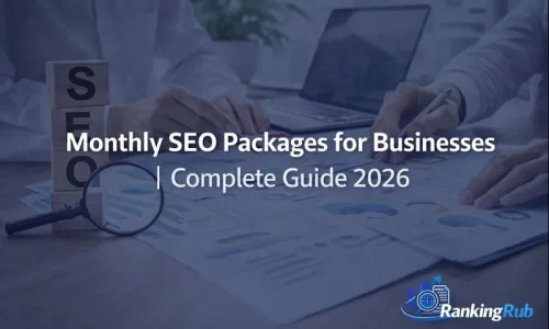 Monthly SEO packages for businesses showing SEO analysis charts, keyword research reports, and professional team planning SEO strategy in 2026