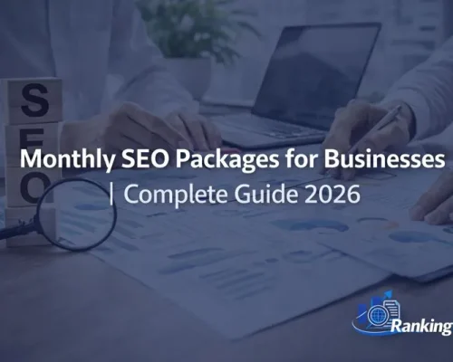 Monthly SEO packages for businesses showing SEO analysis charts, keyword research reports, and professional team planning SEO strategy in 2026