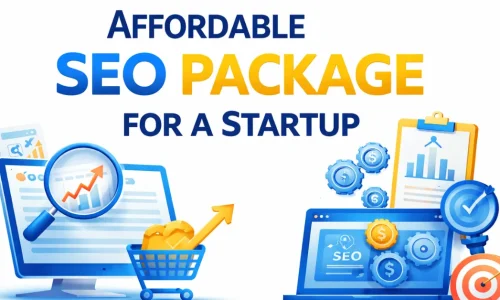 Affordable SEO package for a startup promotional graphic with blue and yellow theme, featuring SEO analytics illustrations, growth charts, magnifying glass, and digital marketing elements on a clean background.