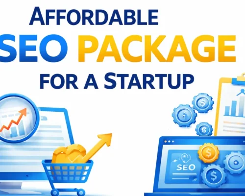 Affordable SEO package for a startup promotional graphic with blue and yellow theme, featuring SEO analytics illustrations, growth charts, magnifying glass, and digital marketing elements on a clean background.