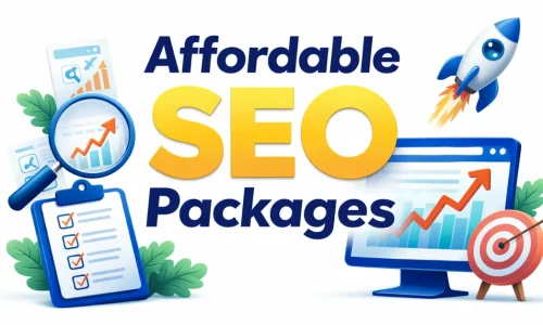 Colorful graphic of affordable small business SEO packages with charts, magnifier, and rocket for growth and analysis