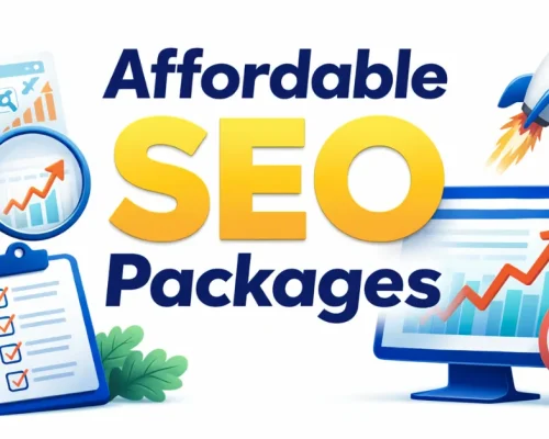 Colorful graphic of affordable small business SEO packages with charts, magnifier, and rocket for growth and analysis