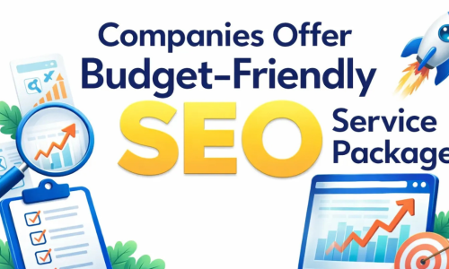 Companies offer budget-friendly SEO service packages illustration featuring a clipboard checklist, analytics charts, magnifying glass, computer monitor with growth graph, target icon, and rocket symbol on a clean white background.