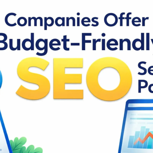 Companies offer budget-friendly SEO service packages illustration featuring a clipboard checklist, analytics charts, magnifying glass, computer monitor with growth graph, target icon, and rocket symbol on a clean white background.