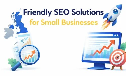 Friendly SEO solutions for small businesses with illustrations of analytics charts, magnifying glass, rocket launch, and target growth concept.