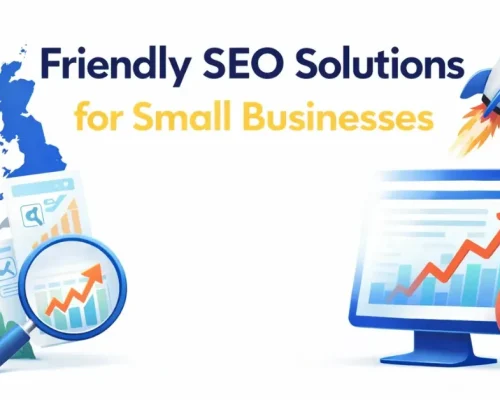 Friendly SEO solutions for small businesses with illustrations of analytics charts, magnifying glass, rocket launch, and target growth concept.