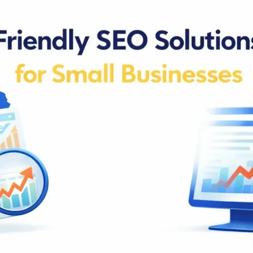 Friendly SEO solutions for small businesses with illustrations of analytics charts, magnifying glass, rocket launch, and target growth concept.