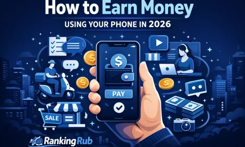 A hand holds a smartphone displaying a payment interface, surrounded by icons representing various money-earning methods using phones.