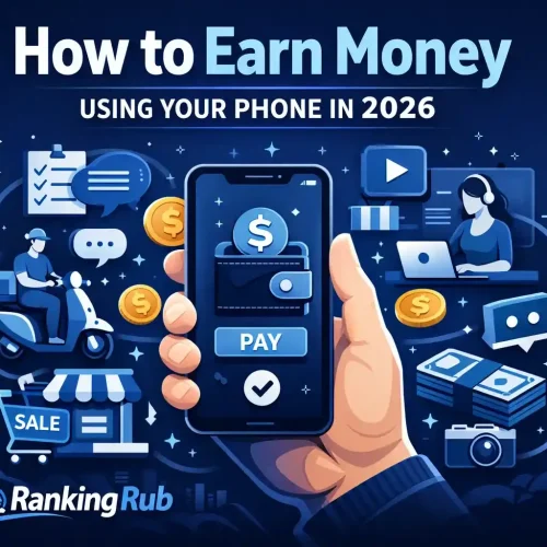 A hand holds a smartphone displaying a payment interface, surrounded by icons representing various money-earning methods using phones.