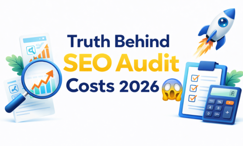 Illustration featuring a magnifying glass over rising graphs, a clipboard with checkmarks, a calculator, and a rocket, accompanied by the text Truth Behind SEO Audit Costs 2026.