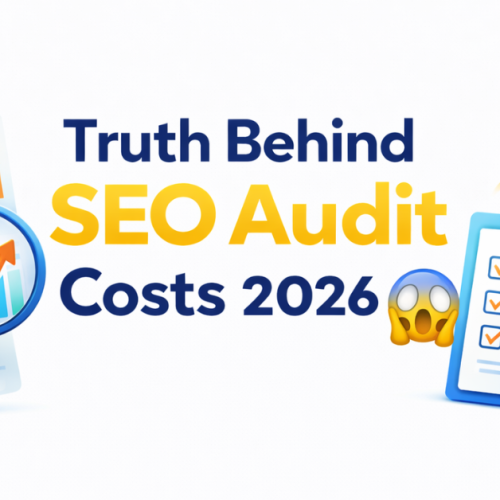 Illustration featuring a magnifying glass over rising graphs, a clipboard with checkmarks, a calculator, and a rocket, accompanied by the text Truth Behind SEO Audit Costs 2026.