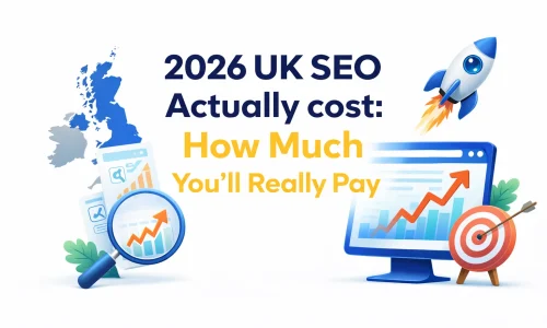 2026 UK SEO cost infographic featuring a map of the UK, a computer screen displaying graphs, and a rocket with the text Actually cost: How Much You'll Really Pay.