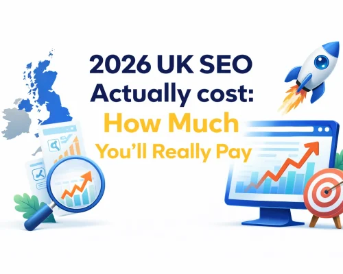 2026 UK SEO cost infographic featuring a map of the UK, a computer screen displaying graphs, and a rocket with the text Actually cost: How Much You'll Really Pay.