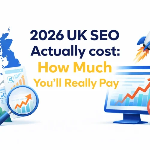2026 UK SEO cost infographic featuring a map of the UK, a computer screen displaying graphs, and a rocket with the text Actually cost: How Much You'll Really Pay.